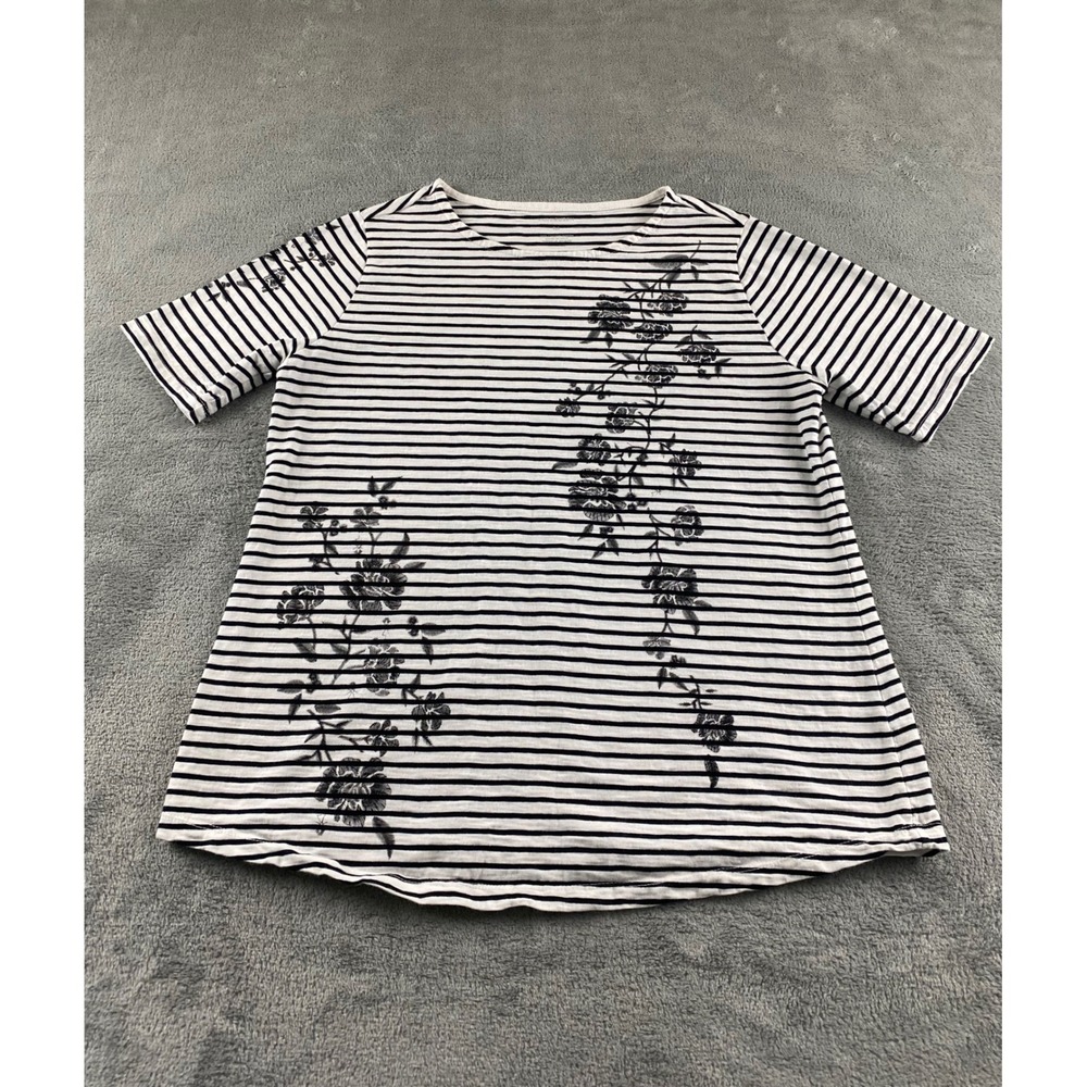 Van Heusen Womens Black White Striped Floral Cotton Short Sleeve T-Shirt Size M